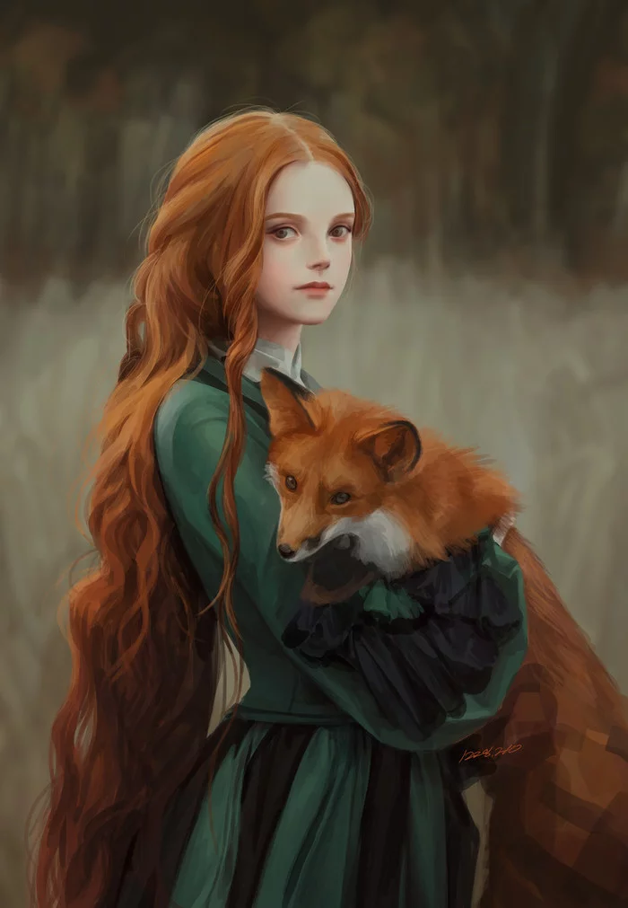 With a fox - Art, Drawing, Girl, Fox, Dressing