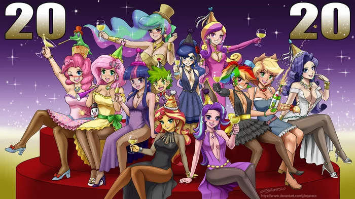 Happy again - Happy New Year - My little pony, Humanization, Mane 6, Spike, Princess celestia, Princess luna, Sunset shimmer, Starlight Glimmer