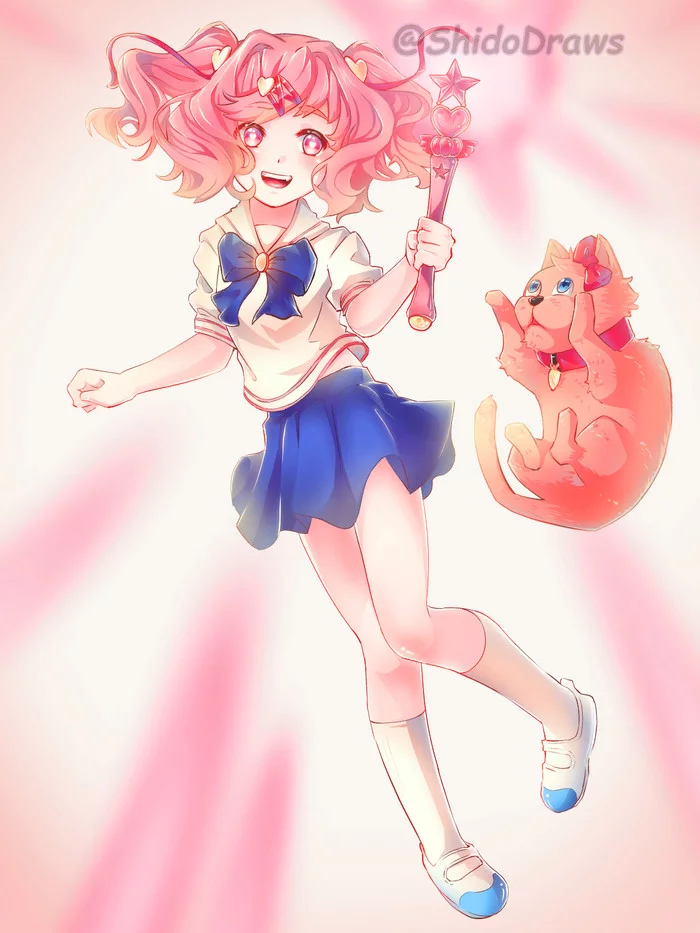 Chibi moon Natsuki - Doki Doki Literature Club, Sailor Moon, Crossover, Natsuki, Sayori, Anime art, Anime, Visual novel, Crossover