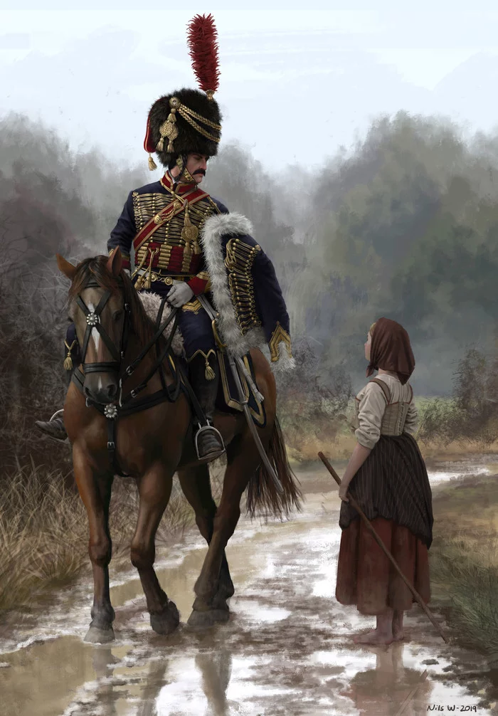 French Hussar and Peasant Woman - French people, Art, Drawing, Hussars, Peasants, Nils Wadensten