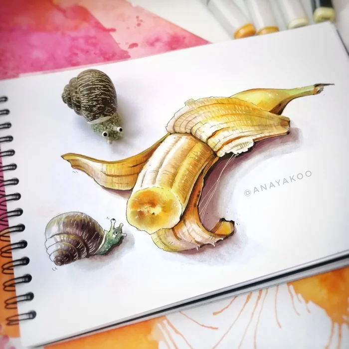Banana - My, Banana, Snail, Alcohol markers, Liner, Sketch, Sketchbook, Art