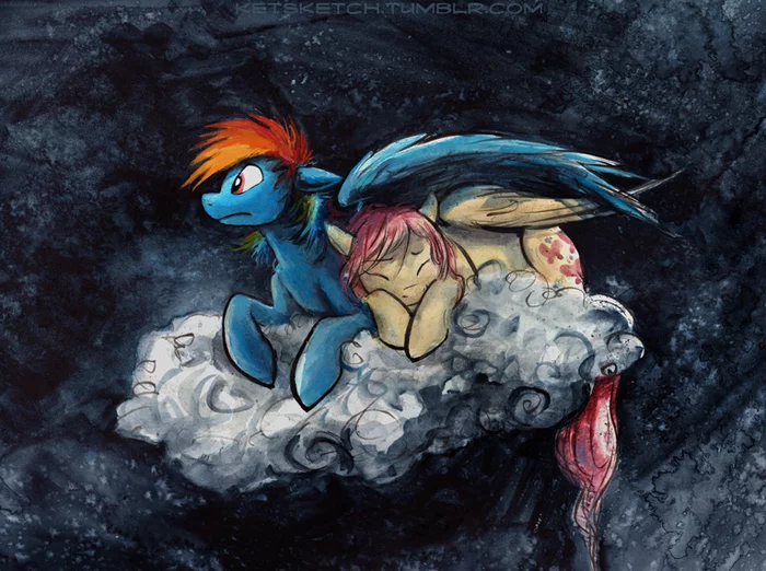 Night in the clouds - My little pony, Rainbow dash, Fluttershy, Kenket, Clouds, Art