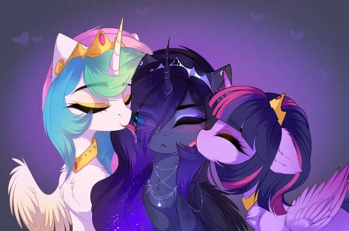 Royal Kisses - My Little Pony, PonyArt, Princess Luna, Princess Celestia, Twilight sparkle, MLP Lesbian, Шиппинг, Magnaluna