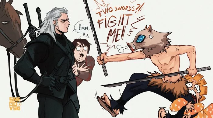 Geralt vs. Inosuke: who wore them better?! - Witcher, Art, Humor, Anime, Twitter, Geralt of Rivia, Kimetsu no yaiba, Inosuke Hashibira