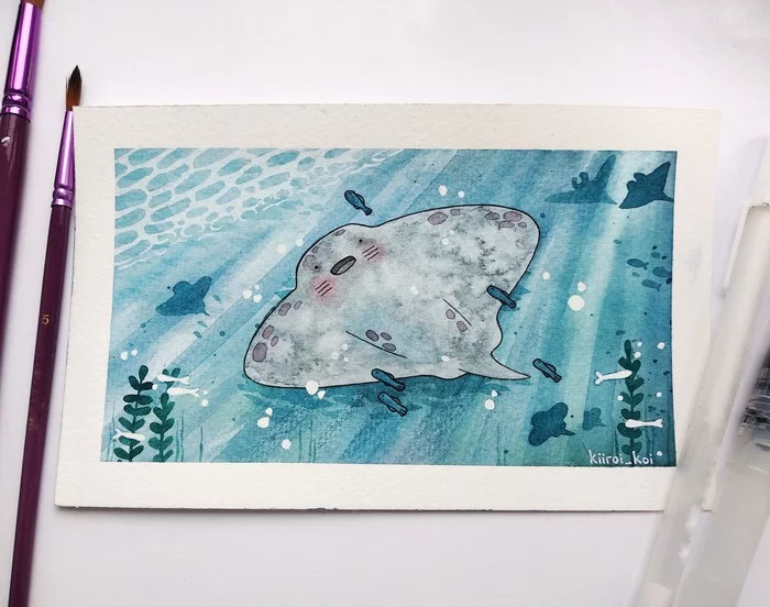 Underwater friend - My, Stingray, Drawing, Watercolor, Artist, Ocean