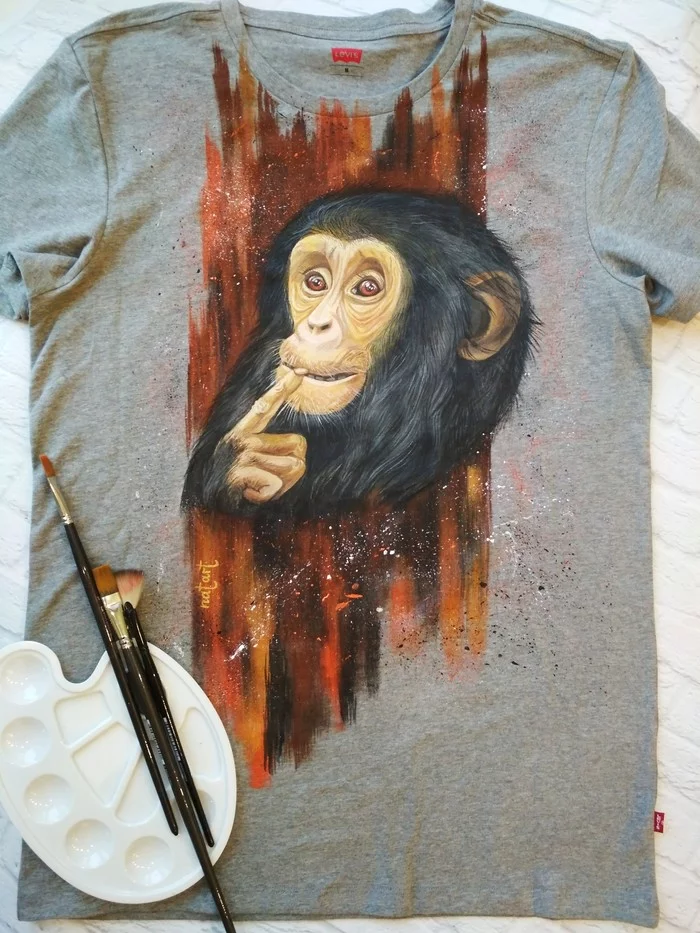 T-shirt with a monkey - My, Creation, With your own hands, Handmade, Painting on fabric, Monkey, T-shirt, Needlework without process, Longpost