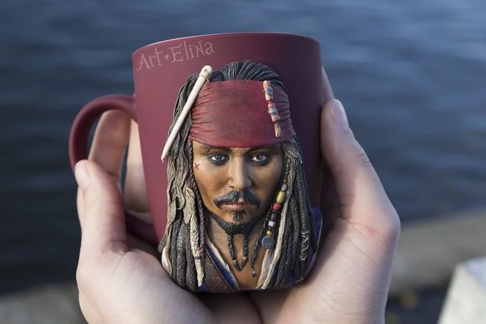 Captain Jack Sparrow made of polymer clay, are you savvy?) - My, Polymer clay, Portrait by photo, Mug with decor, Needlework without process, Captain Jack Sparrow, Longpost