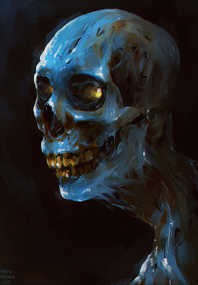 Blue and Gold - My, Art, Digital drawing, Scull, Monster, Undead, Digital, Portrait, Drawing