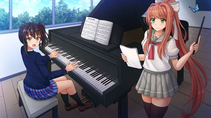 Monika teaching Hasuki - Doki Doki Literature Club, Кроссовер, Anime Art, Monika, Hasuki Komai, Kishuku Gakkou no Juliet, Аниме