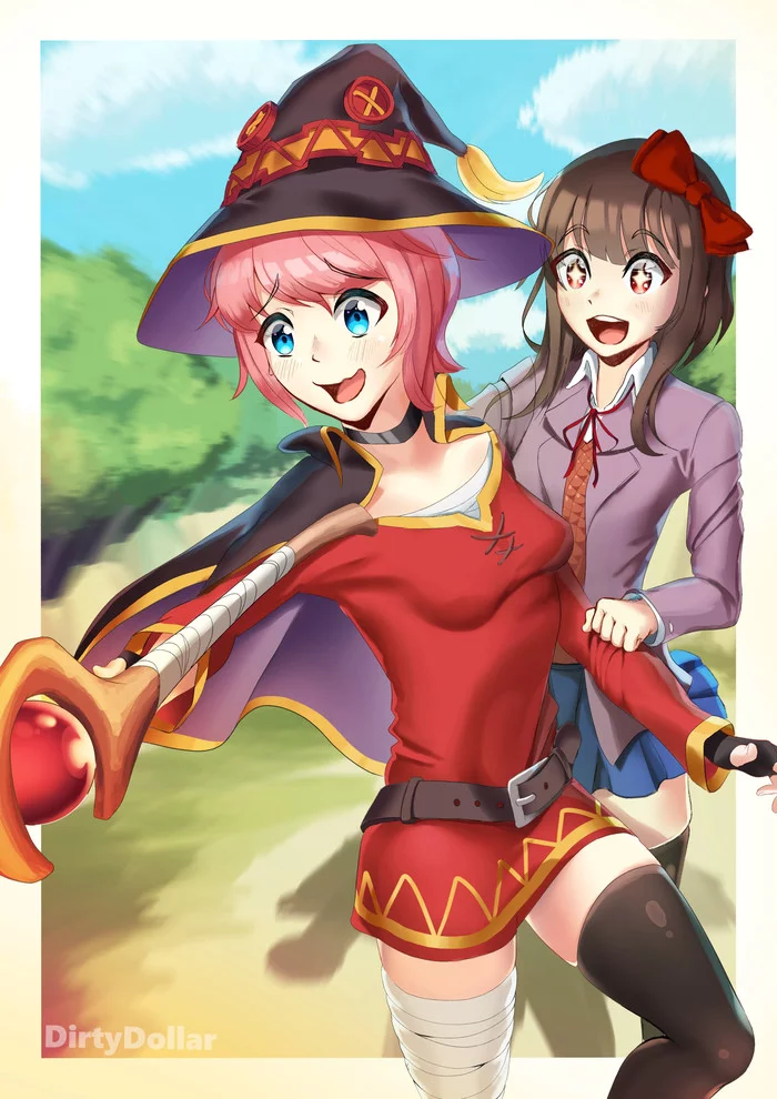 E-explosion? - Doki Doki Literature Club, Sayori, Crossover, Konosuba, Megumin, Anime art, Anime, Visual novel