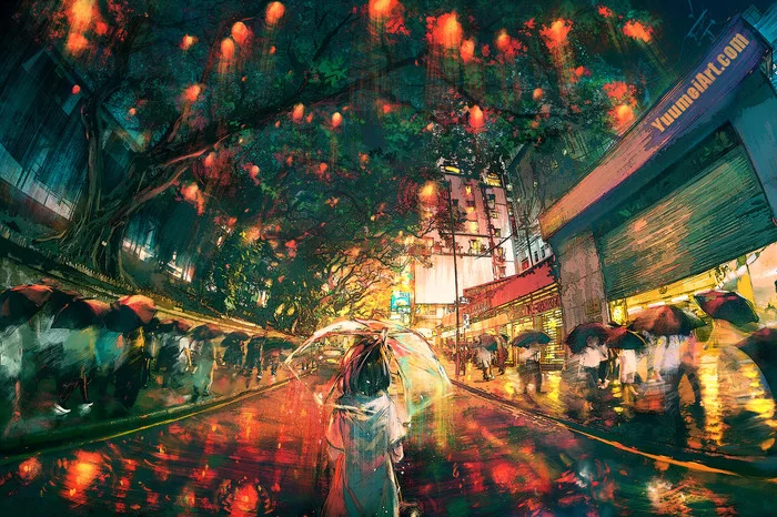 Hong Kong lights - Art, Drawing, Hong Kong, Light, The street, Yuumei
