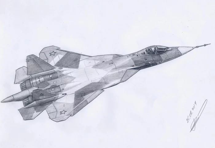Pak-fa Su-57 - My, Pencil drawing, Airplane, Art, Air force, Su-57, Aviation
