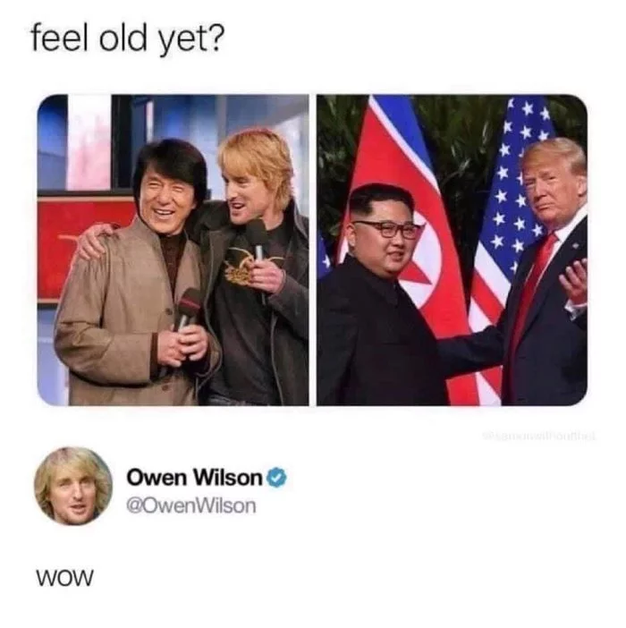 wow how time flies - Jackie Chan, Kim Chen In, Owen Wilson, Donald Trump, Humor, Screenshot, Celebrities