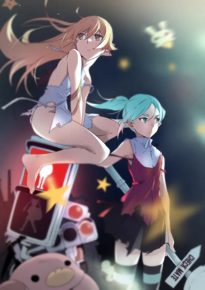 After the battle - Anime, Anime art, Monogatari series, Shinobu oshino, Hachikuji Mayoi, Yotsugi ononoki