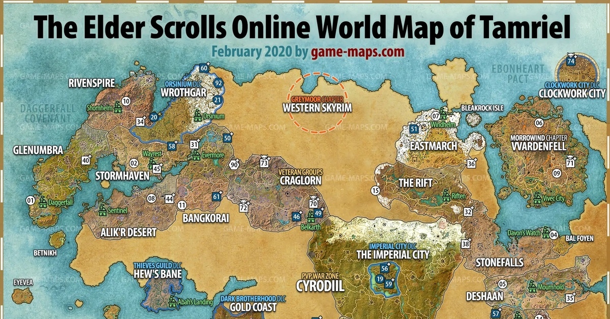 Карта доступных игровых зон Тамриэля в ESO на февраль 2020г