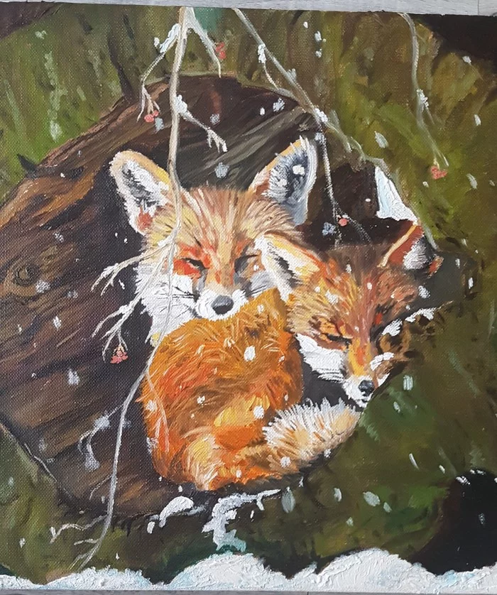 A couple of foxes - My, Butter, Oil painting, Fox, Longpost