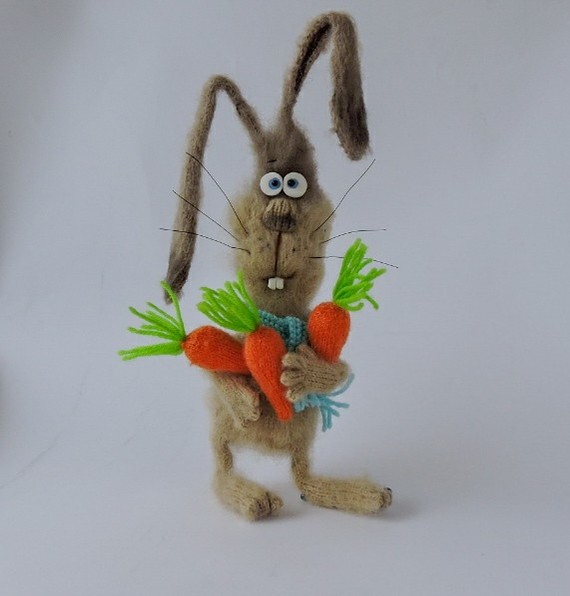 Hare with carrots - My, Hare, Needlework without process, With your own hands, Knitted toys, Knitting, Carrot, Creation, Longpost