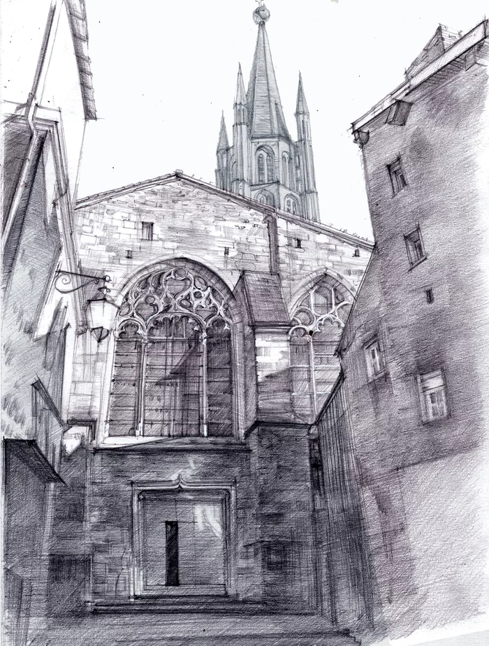 Cathedral in Limoges, drawing - My, Drawing, Pencil, The cathedral, Limoges