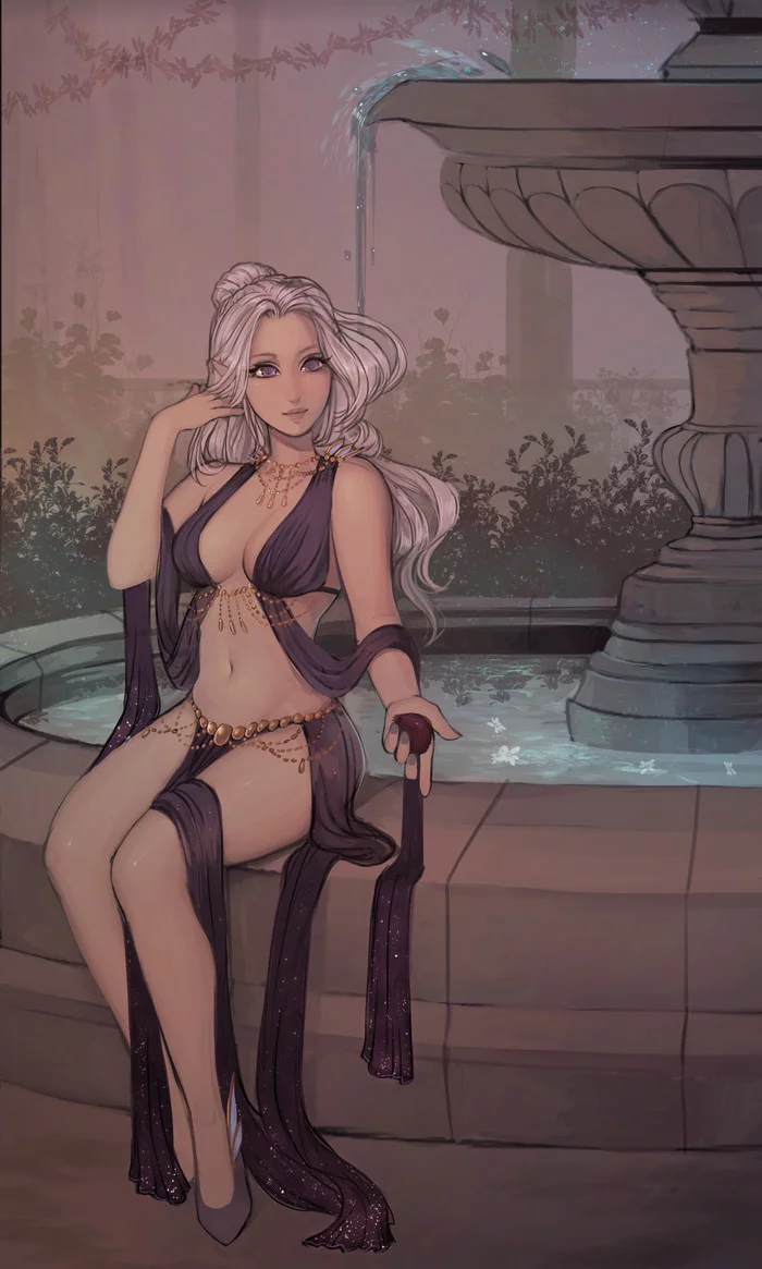 By the fountain - NSFW, Art, Drawing, Fountain, Elves, Erotic, Matilda Fiship