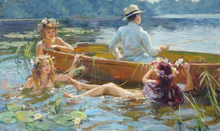 Mermaid girls and fisherman - Girls, Mermaid, Fishermen, Painting, Painting