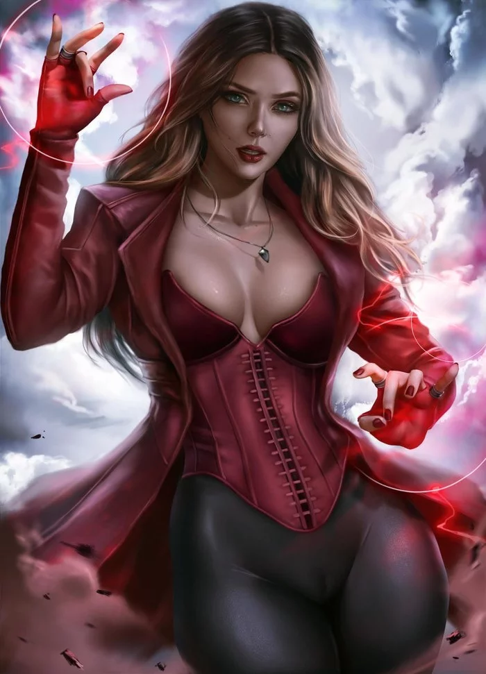 Scarlet Witch - NSFW, Art, Digital drawing, Marvel, Scarlet Witch, Boobs, Erotic, Hand-drawn erotica, Longpost, Logan cure