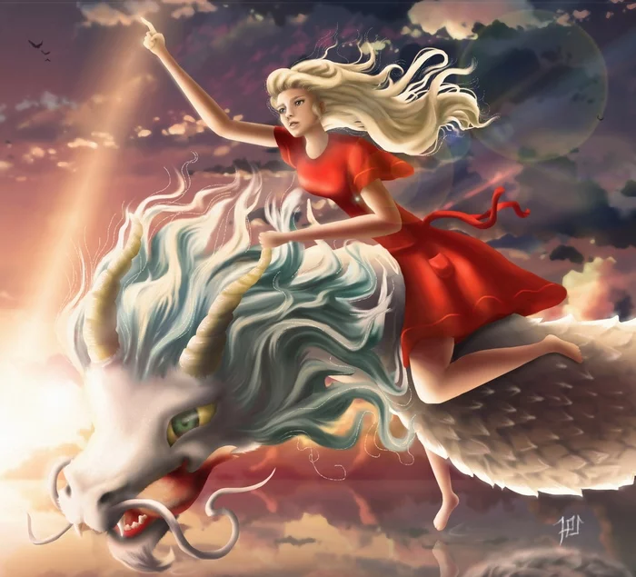 Girl on a dragon - My, Beautiful girl, The Dragon, Art, 2D, Illustrations