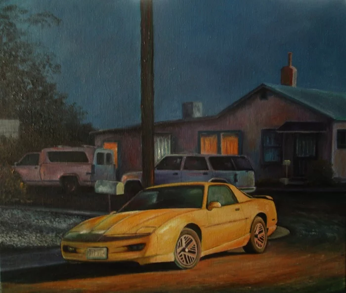 Pontiac Firebird - My, Painting, Car, Butter, Town, Night, Longpost, Pontiac Firebird