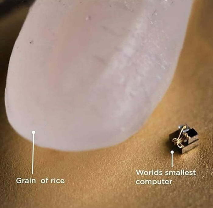 The world's smallest computer compared to a grain of rice - Computer, Mini, Rice, Picture with text