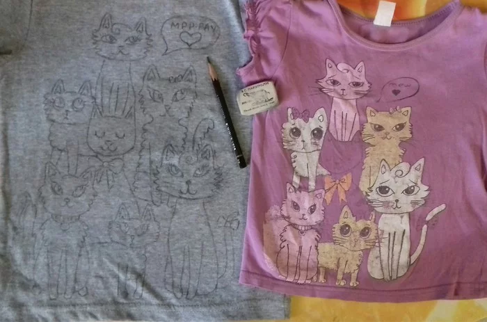 Baby cats - My, Acrylic, T-shirt, Painting on fabric, cat, Needlework with process, Needlework, Handmade, Baby, Longpost