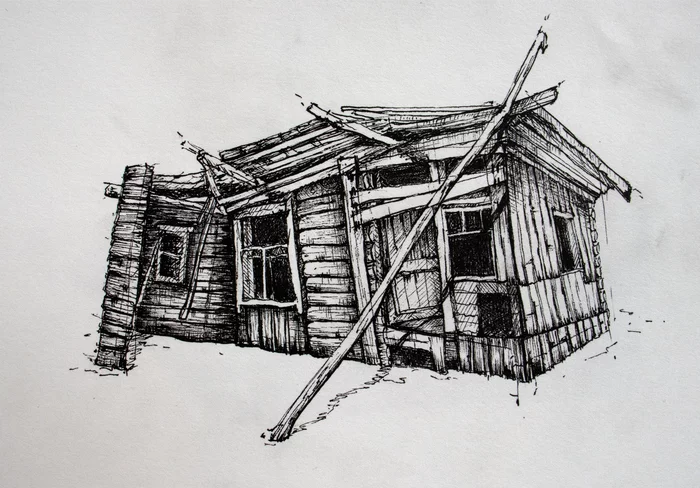 Sketches with gel pen - My, Abandoned, Drawing, old fortress, an old house, Black pen, Longpost