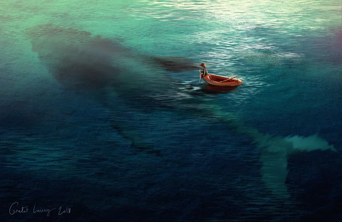 Ocean - Art, Drawing, Ocean, Whale, A boat, Gretel Lusky