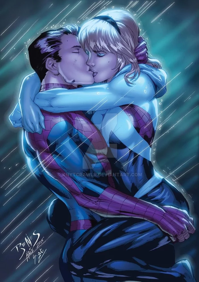 Peter and Gwen - Art, Drawing, Marvel, Spiderman, Gwen Stacy, Spider-gwen, Kiss, Knytcrawlr