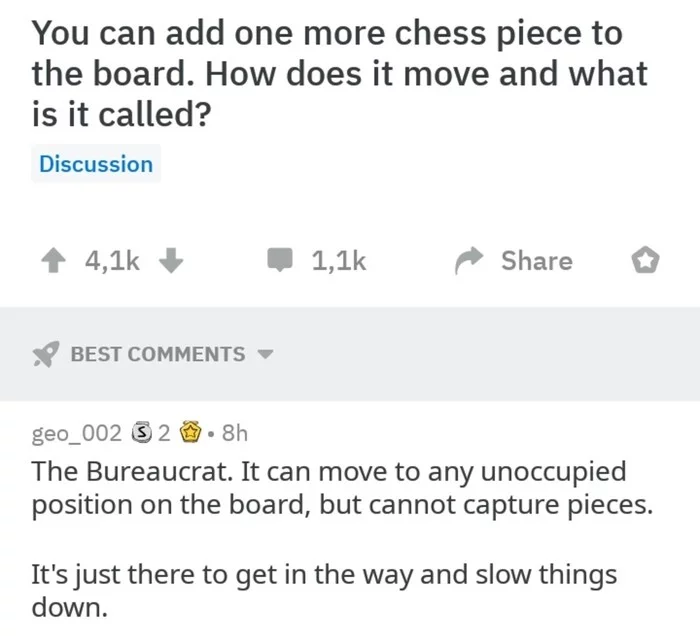 Ты можешь добавить новую фигуру на шахматную доску. Как бы она называлась и как бы двигалась? - Шахматы, Фантазия, Чиновники, Картинка с текстом
