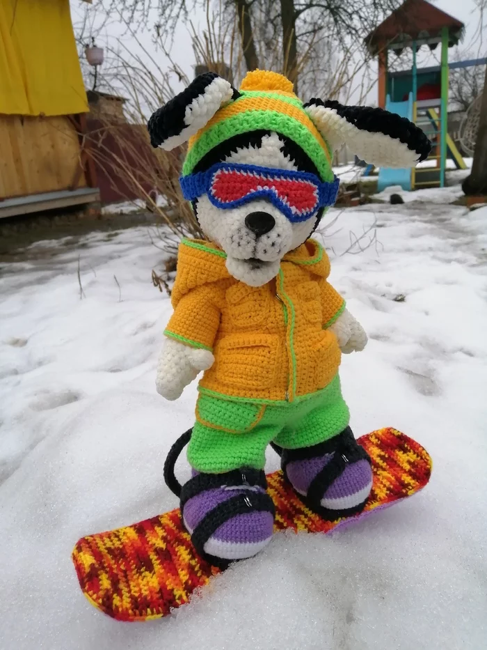 Puppy Snowboarder - My, Amigurumi, Knitting, Crochet, Toys, Knitted toys, Longpost, Needlework without process, Puppies