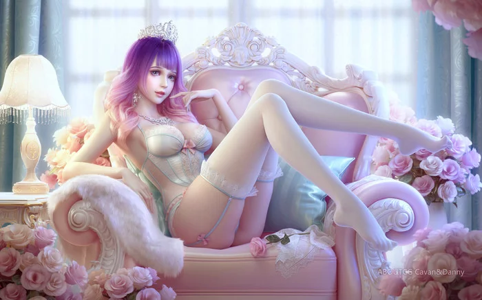 The girl in the chair - NSFW, Art, 3D, Girls, Erotic, Underwear, Stockings, Game art, Crown