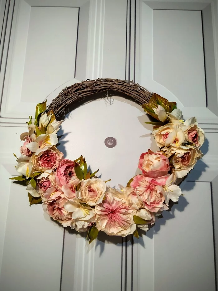 Spring wreath - My, Handmade, Wreath, Wreath on the door, Flowers, Peonies, Alstroemeria, Handcraft, Longpost