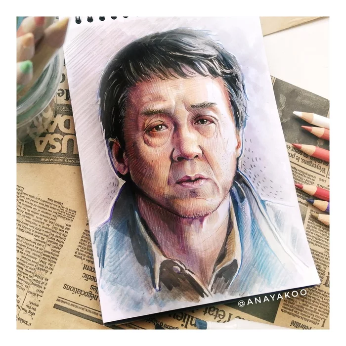Jackie Chan - My, Jackie Chan, Portrait, , Actors and actresses, Sketch, Sketchbook, Alcohol markers, Liner