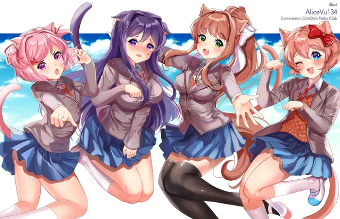 Doki doki neko club - Doki Doki Literature Club, Sayori, Natsuki, Yuri DDLC, Monika, Anime art, Neko, Visual novel