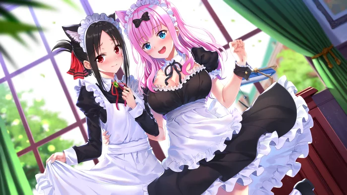 Neko maids - Kaguya-Sama wa Kokurasetai, Shinomiya Kaguya, Fujiwara Chika, Anime Art, Аниме, Animal Ears, Горничная