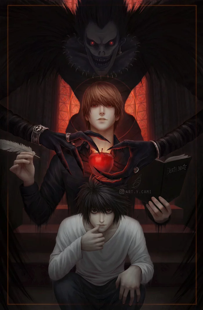 Death note - Art, Anime, Anime art, Death note, L Lawliet, Light Yagami, Ryuk