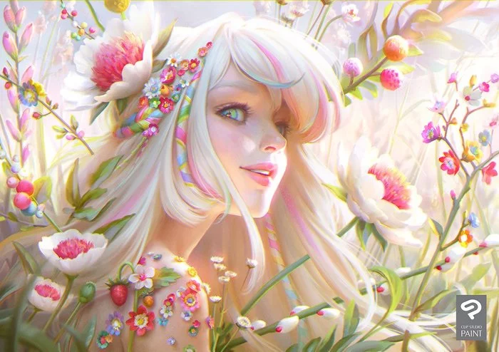 In flowers - Art, Drawing, Girls, Flowers, Viccolatte