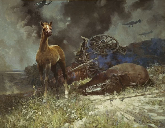 Hard Times - Painting, The Great Patriotic War, Horses, Foal