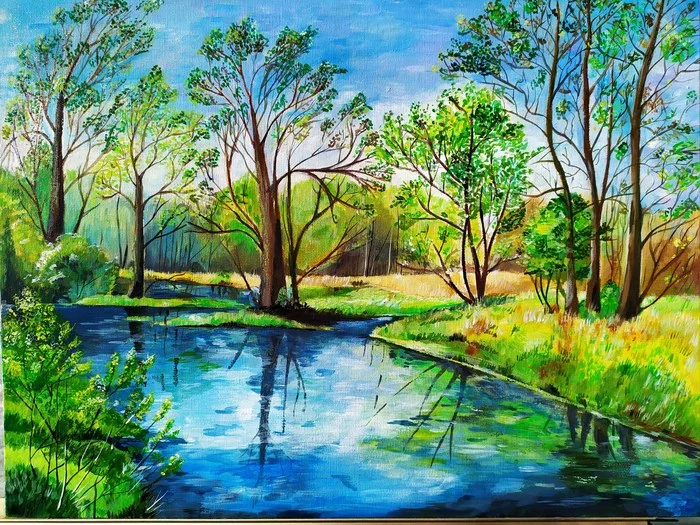 Spring landscape - My, Painting, Acrylic, Landscape, Painting, Spring, Forest