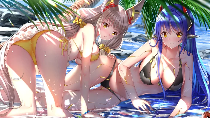 Summer time - NSFW, Xenoblade 2, Nia, Anime Art, Аниме, Animal Ears, Купальник, Попа