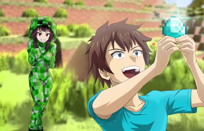 Creeper Megumin - Konosuba, Кроссовер, Minecraft, Megumin, Satou Kazuma, Anime Art, Аниме