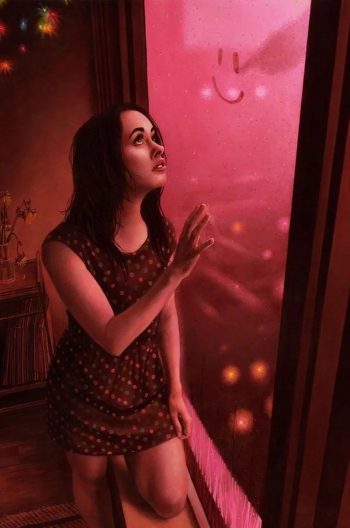 Смайлик - Арт, Рисунок, Casey Weldon, Окно, Девушки