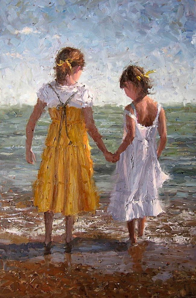 Girlfriends - Girl, Sea, Beach, Children, Painting