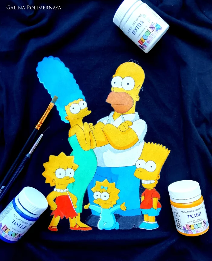 Simpsons on a T-shirt - My, The Simpsons, T-shirt, Painting, Cloth, Needlework without process, Handmade