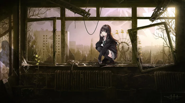 Anigerl sitting on window in Chernobyl - My, Anime, Chernobyl, Photoshop, Photoshop master, Anime art