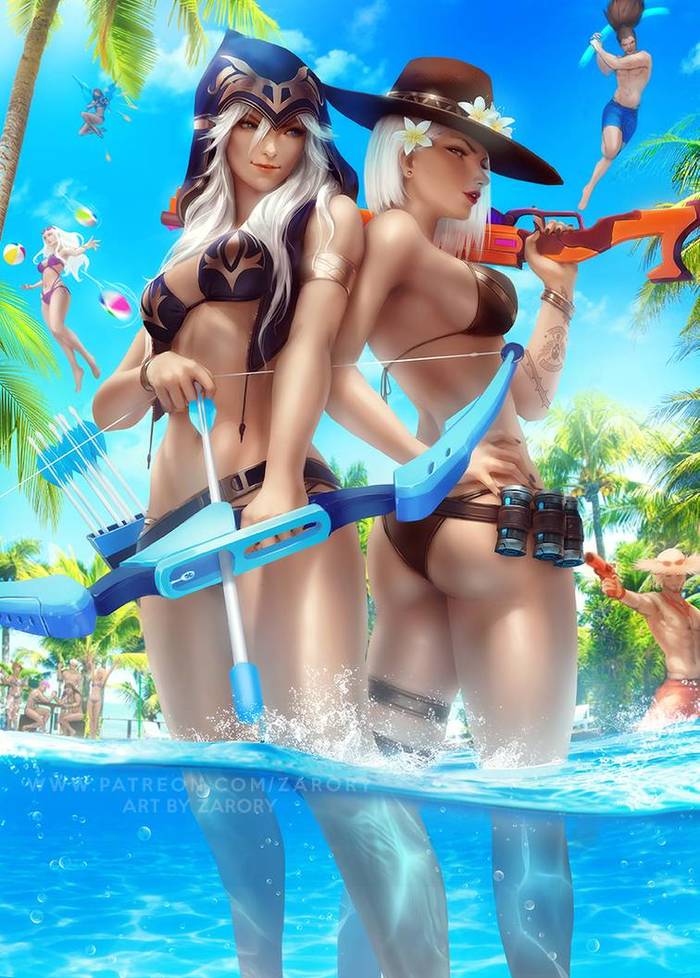 Pool Party Ashe and Ashe - NSFW, Рисованная эротика, Эротика, Арт, Zarory, League of Legends, Overwatch, Ashe, Купальник